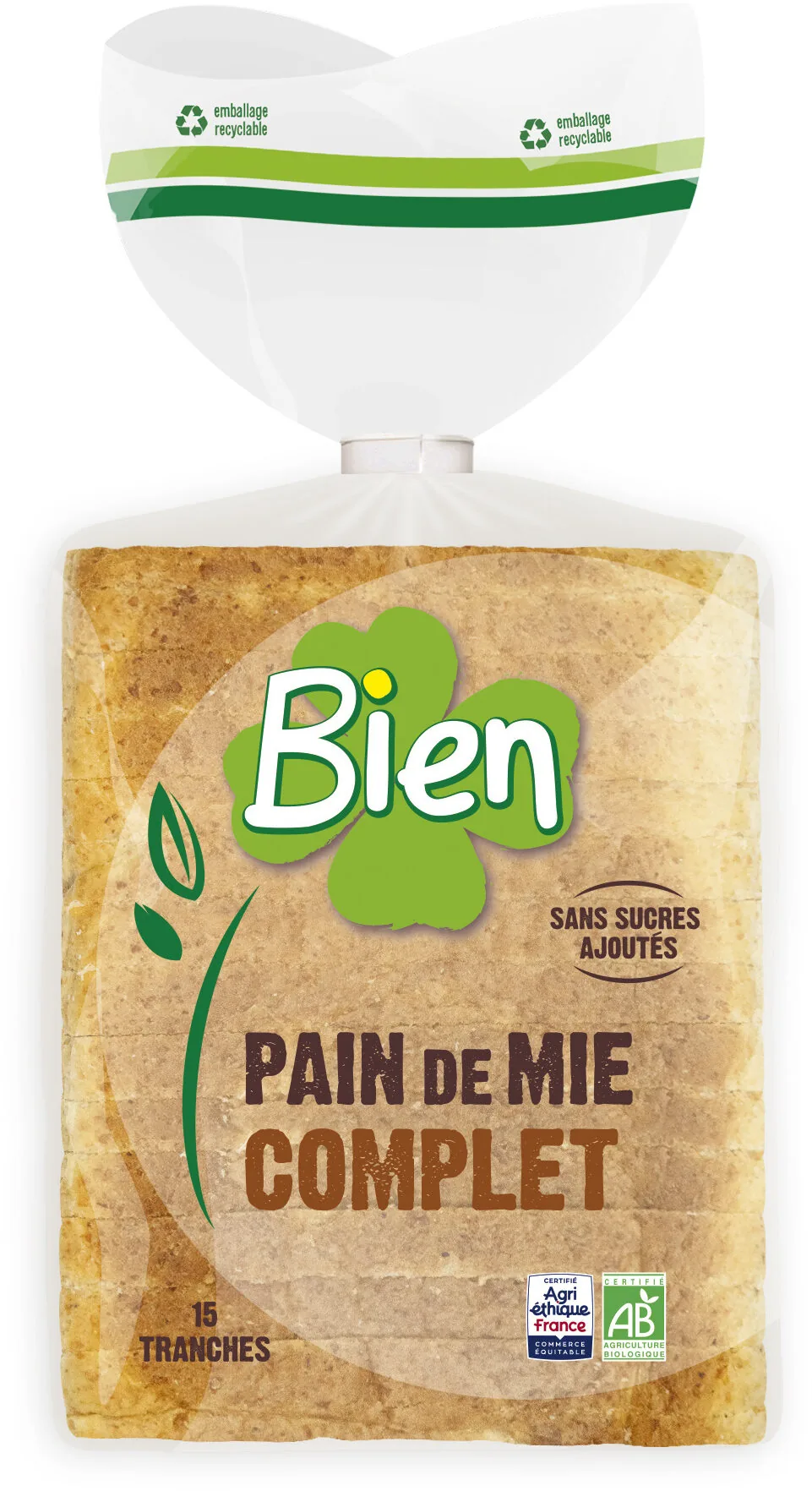 PAIN MIE SANDWICH BIO* COMPLET Sans sucres ajoutés 500G