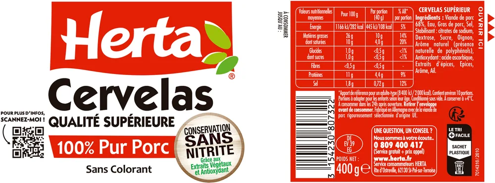 HERTA Cervelas Saucisson Pur Porc sans nitrite 400g