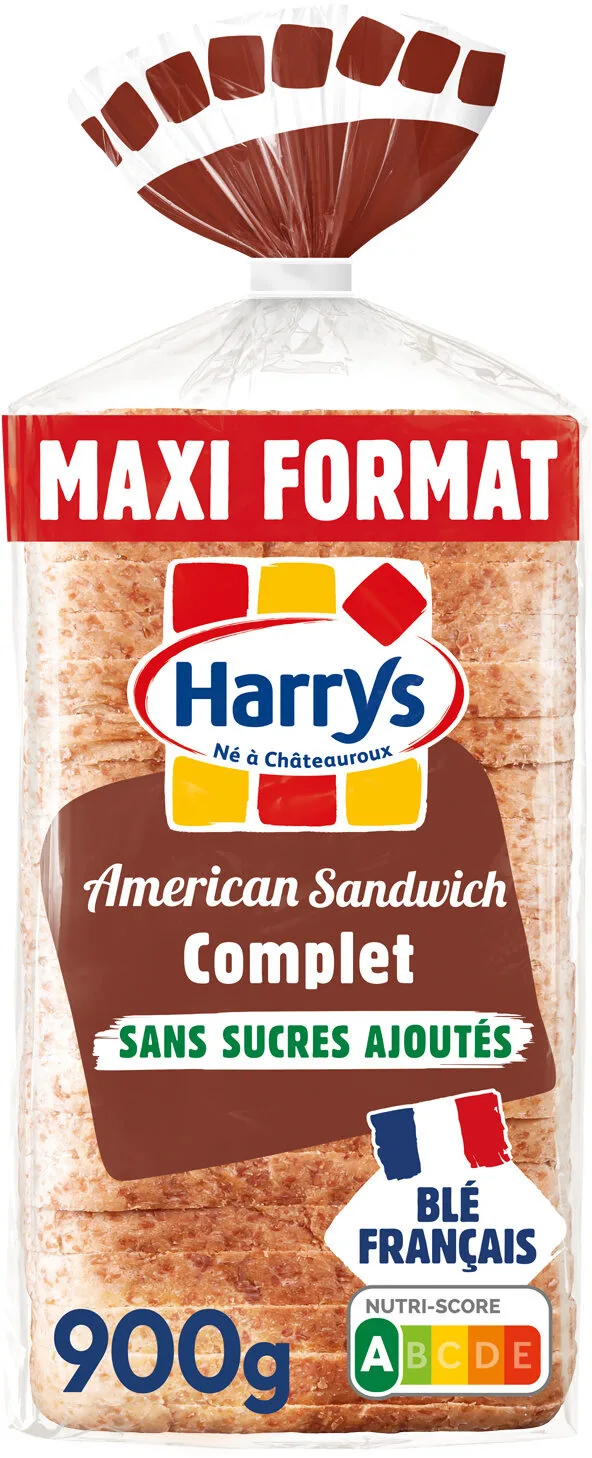 Pain de mie american sandwich complet sans sucres ajoutés maxi 900g