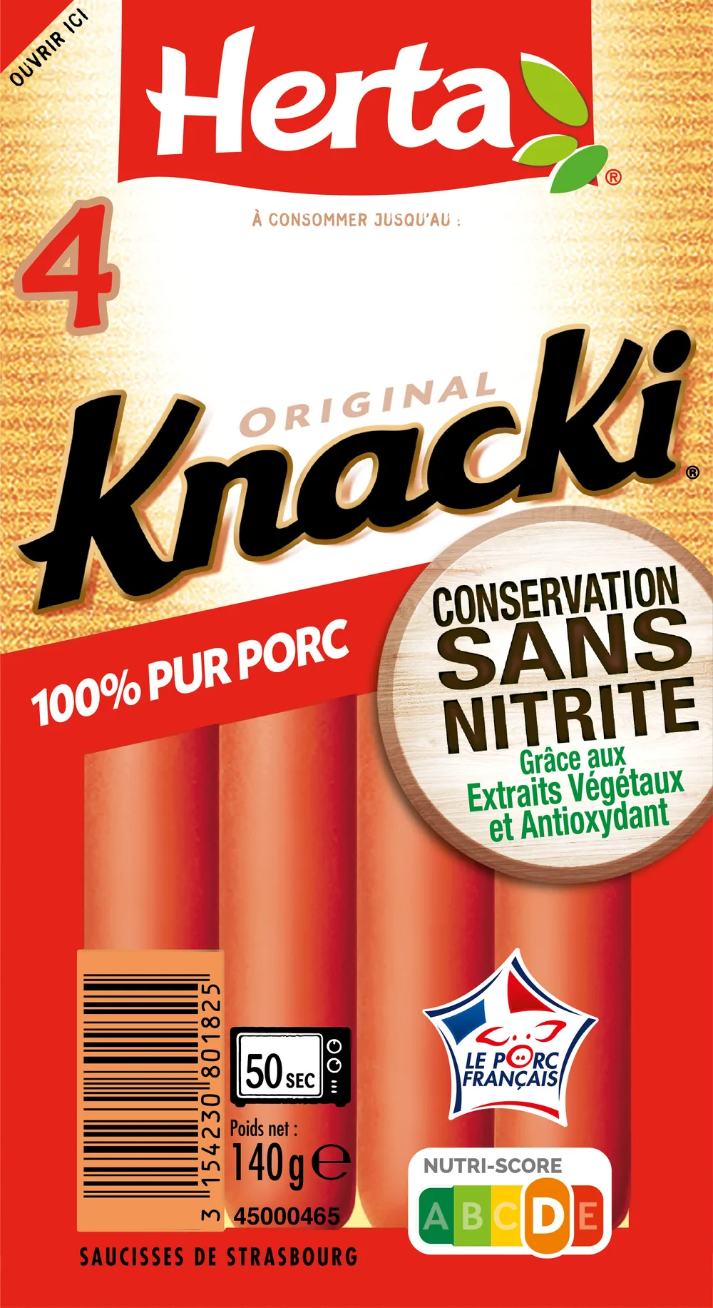 HERTA KNACKI Original saucisse Porc sans nitrite x4 - 140g