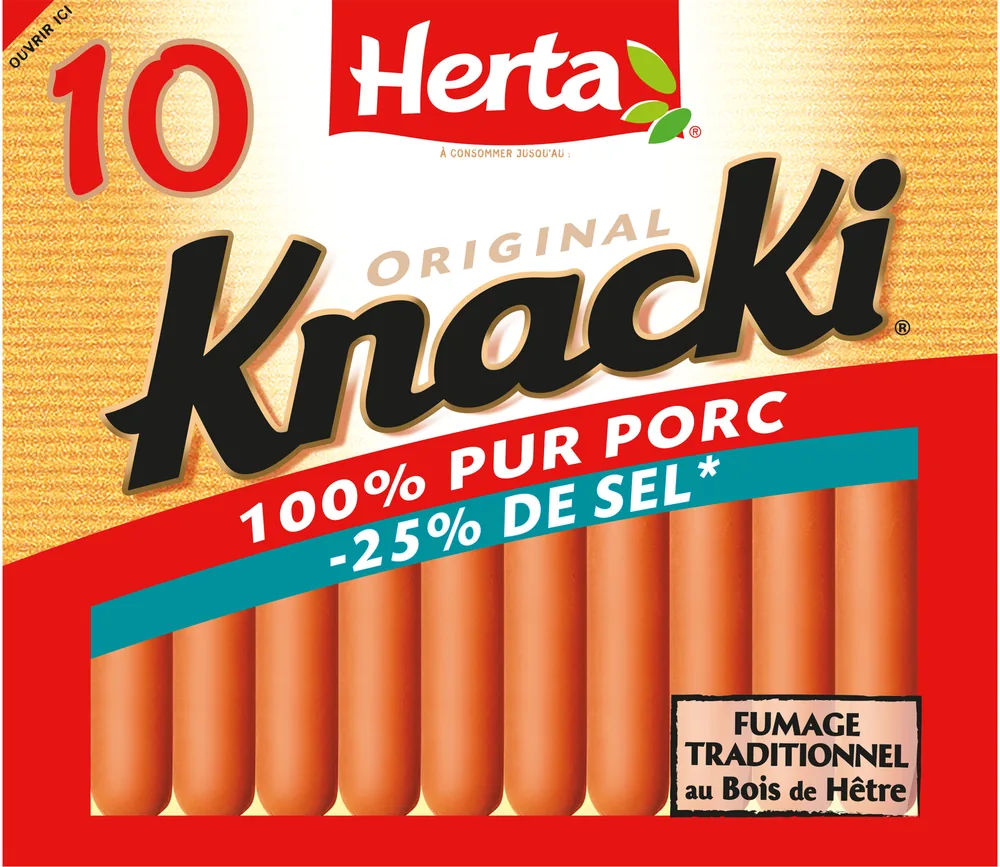 HERTA KNACKI Saucisses 100% pur porc sel réduit x10 350g