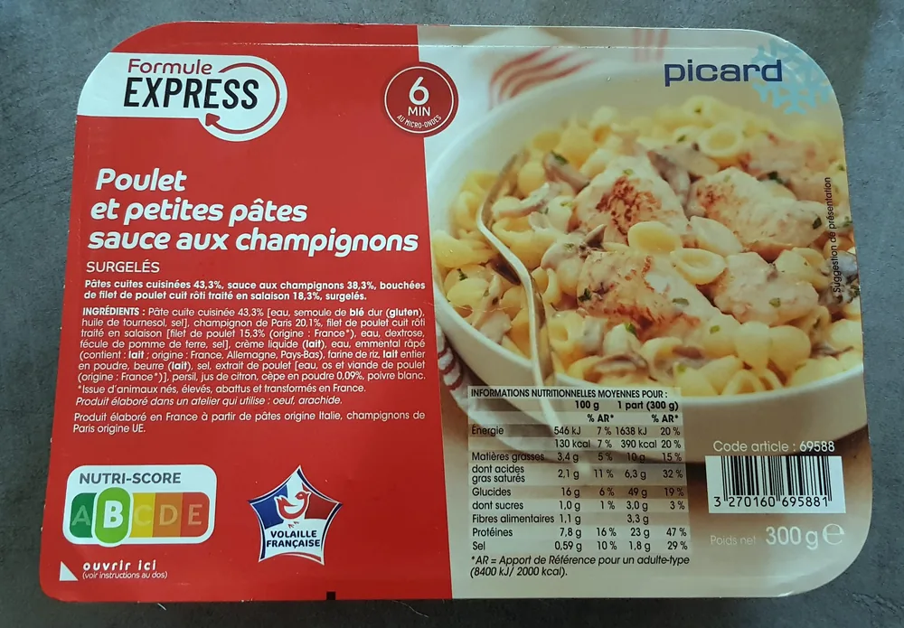 Poulet et petites pâtes sauce aux champignons