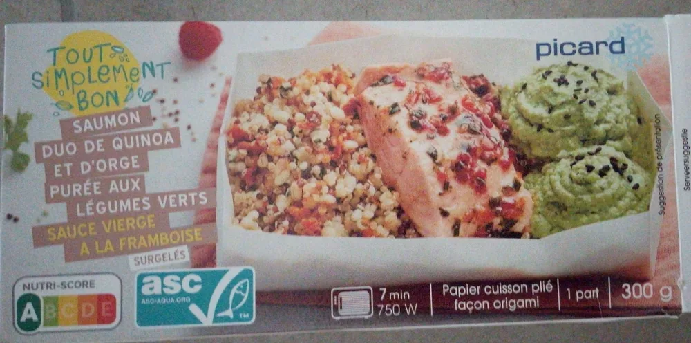 Saumon, duo de guinoa et orge, purée aux légumes verts, sauce vierge à la framboise