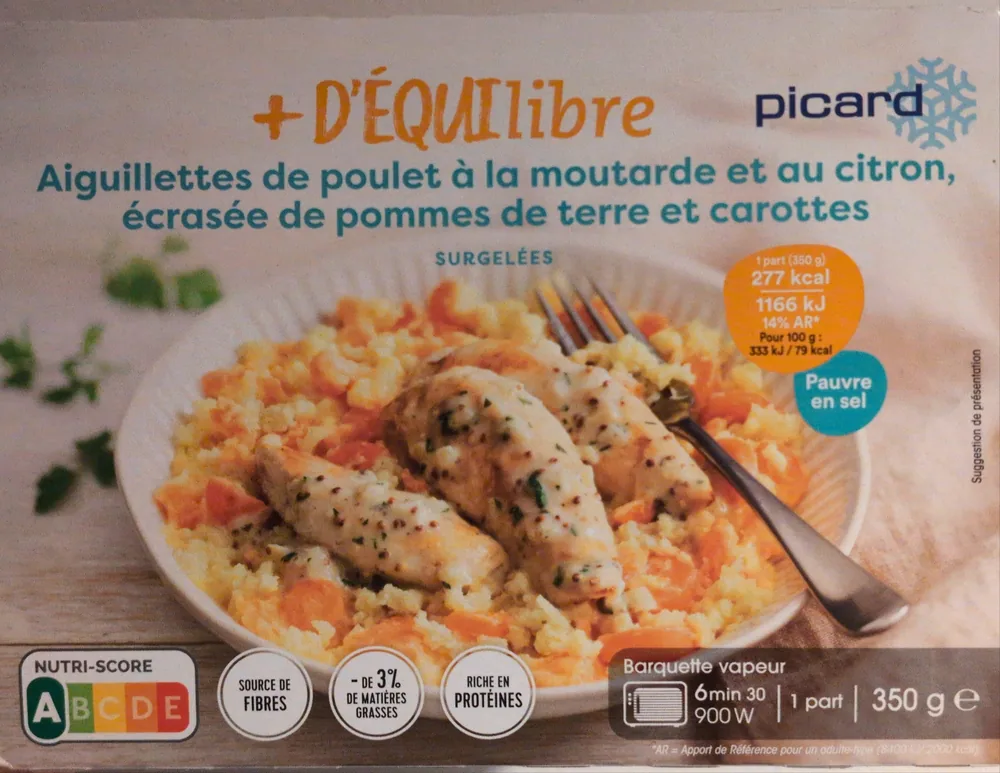 Aiguillettes de poulet à la moutarde et au citron, écrasée de pommes de terre et carottes