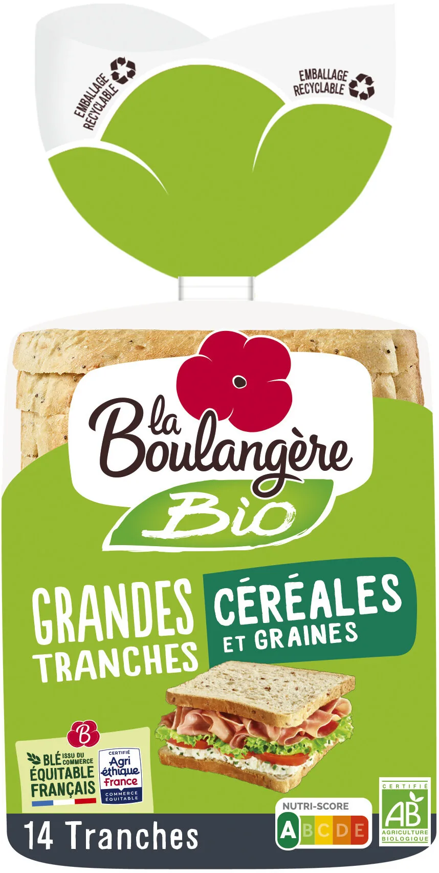 Pain de mie Bio grandes tranches céréales &amp; graines 500g